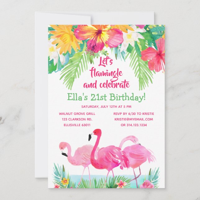 Watercolor Tropical Flamingo Birthday Einladung (Vorderseite)