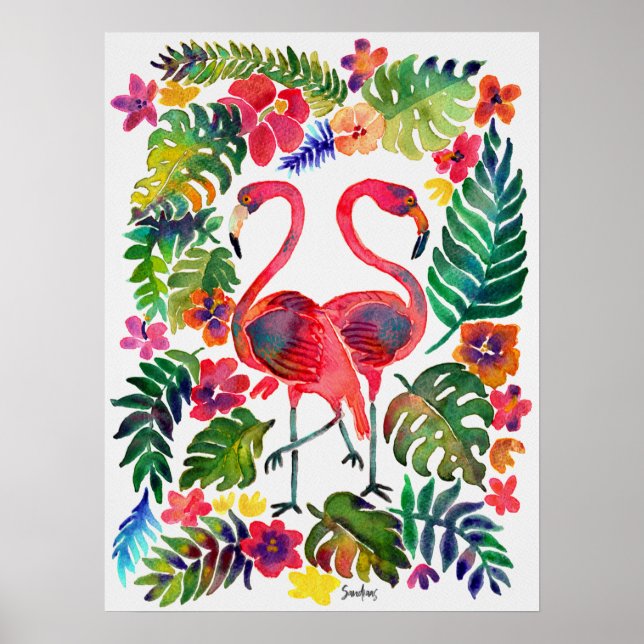 Watercolor Tropical Flamingos Poster (Vorne)