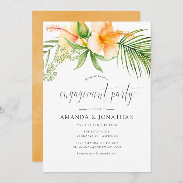 Watercolor Tropical Floral Beach Engagement Party Einladung (Vorne/Hinten)