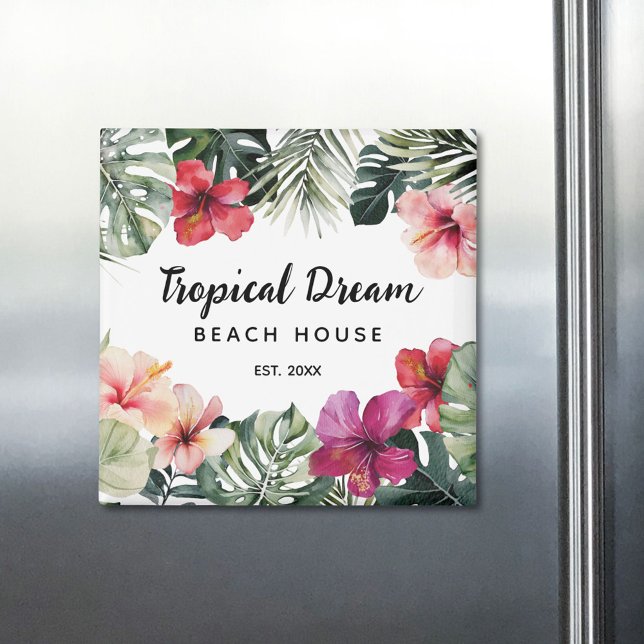 Watercolor Tropical Floral Botanical Beach House Magnet (In situ)