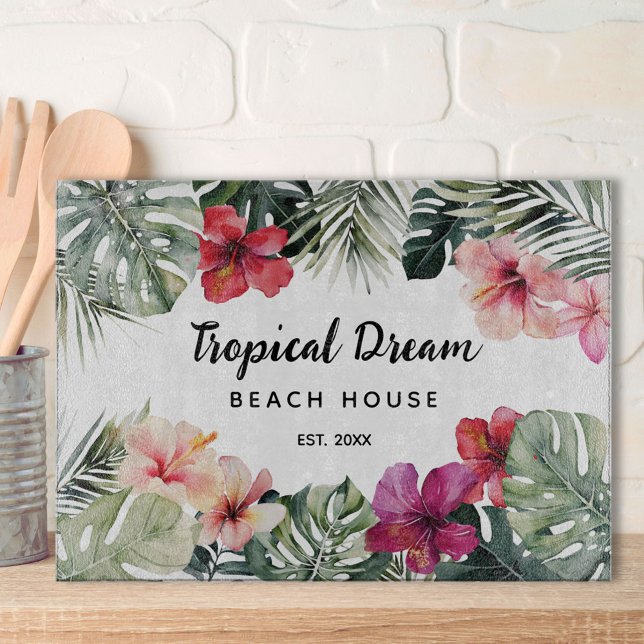 Watercolor Tropical Floral Botanical Beach House Schneidebrett (In situ)