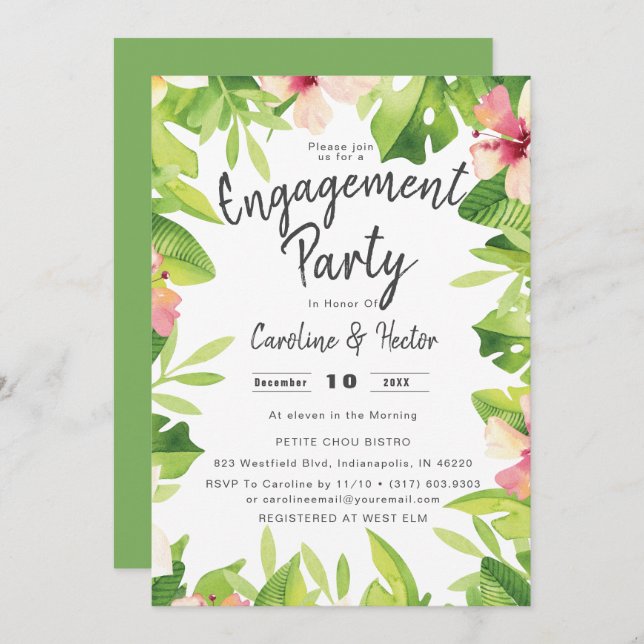 Watercolor Tropical Floral Engagement Party Einladung (Vorne/Hinten)