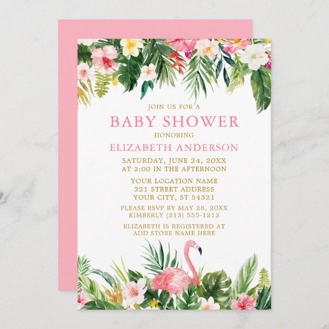 Watercolor Tropical Floral Flamingo Baby Dusche Einladung (Vorne/Hinten)