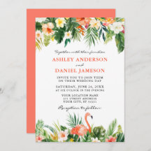 Watercolor Tropical Floral Flamingo Wedding Coral