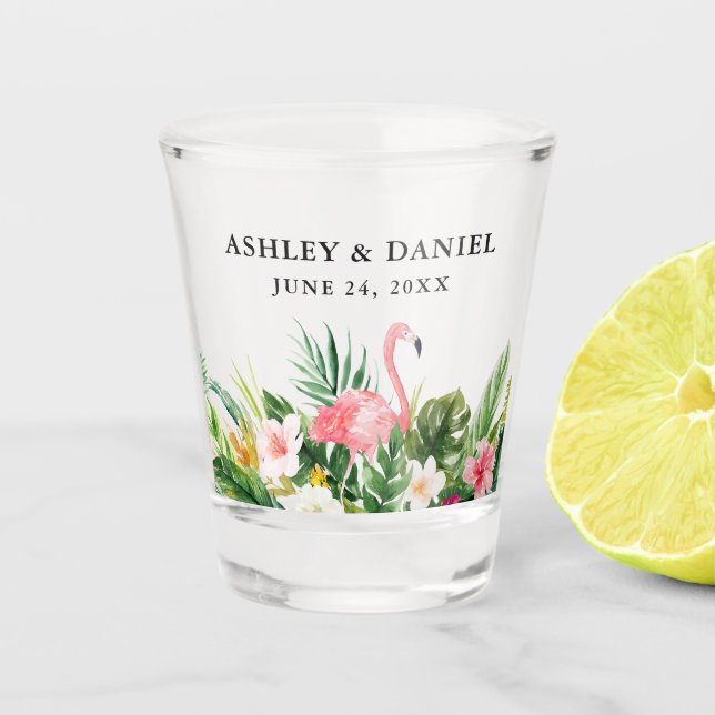 Watercolor Tropical Floral Flamingo Wedding Schnapsglas (Vorderseite)