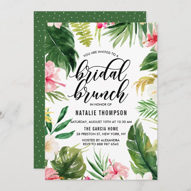 Watercolor Tropical Floral Frame Bridal Brunch Einladung (Vorne/Hinten)