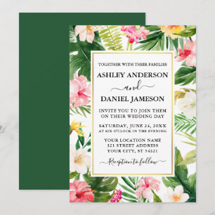 Watercolor Tropical Floral Gold Frame Wedding Einladung