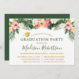 Watercolor Tropical Floral Gold Graduation Party Einladung