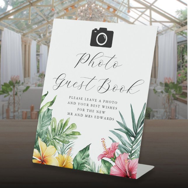 Watercolor Tropical Foto Guest Book Wedding Sockelschild (Watercolor Tropical Photo Guest Book Wedding Pedestal Sign)