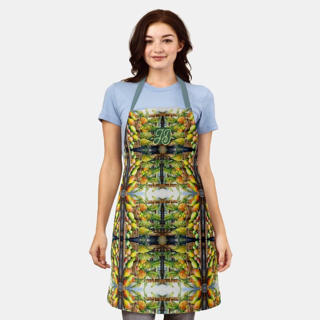 Watercolor Tropical Fruit Stand Monogram Apron 🌺 Schürze (Getragen)