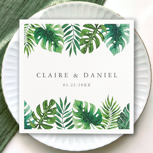 Watercolor Tropical Green Blätter White Wedding Serviette (Von Creator hochgeladen)