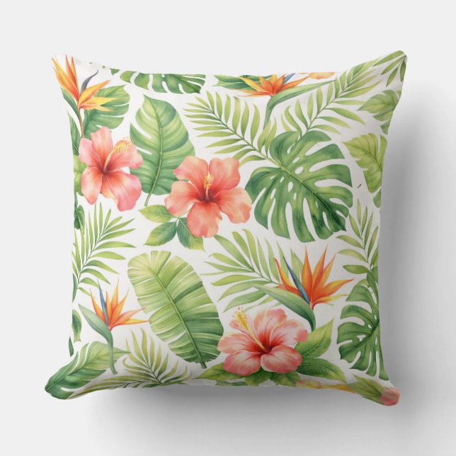 Watercolor Tropical Hibiscus and Bird of Paradise Kissen (Vorderseite)