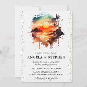 Watercolor Tropical Island Sunset Wedge Einladung