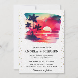 Watercolor Tropical Island Sunset Wedge Einladung