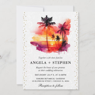Watercolor Tropical Island Sunset Wedge Einladung