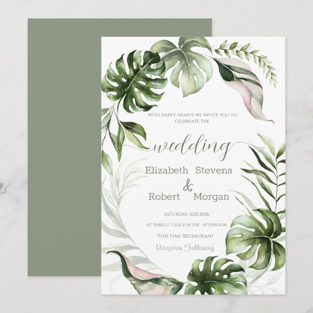 Watercolor Tropical Leaves Greenery  Wedding Einladung (Vorne/Hinten)