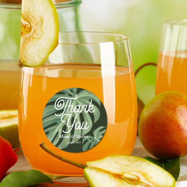 Watercolor Tropical Monstera Wedding danke Runder Aufkleber (Von Creator hochgeladen)