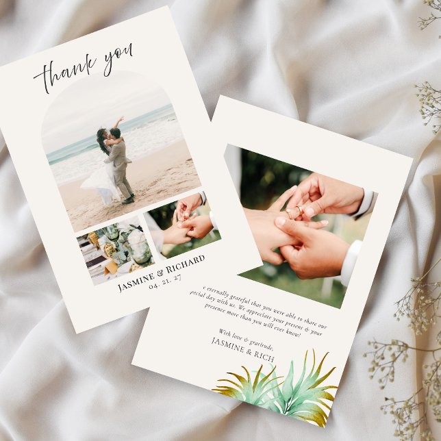 Watercolor Tropical Palm Destination Wedding Photo Dankeskarte (Von Creator hochgeladen)