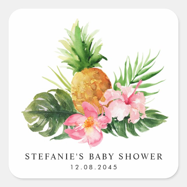 Watercolor Tropical Pineapple Summer Baby Shower Quadratischer Aufkleber (Vorderseite)
