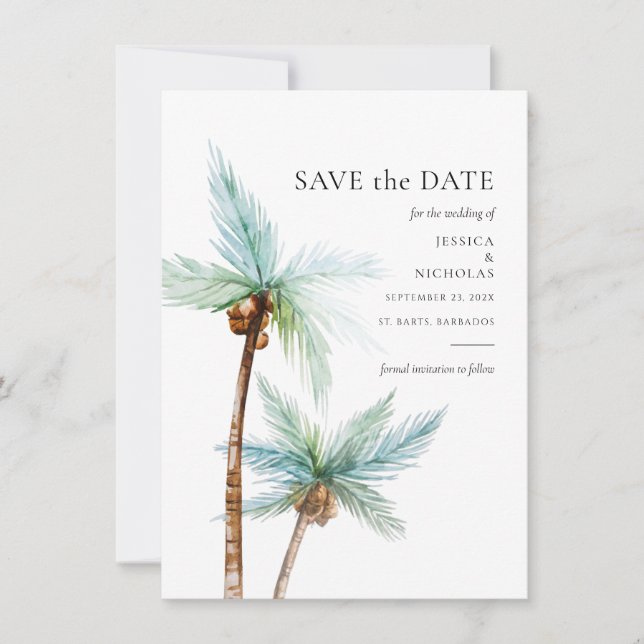 Watercolor Tropical Trees Wedding Save The Date (Vorderseite)