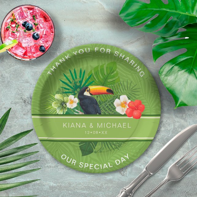 Watercolor Tropical w/Toucan Vielen Dank Green ID5 Pappteller (Von Creator hochgeladen)
