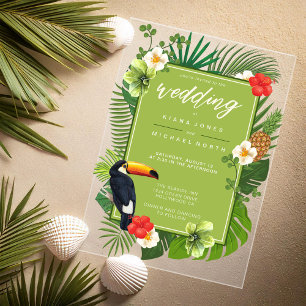Watercolor Tropical w/Toucan Wedding Green ID577 Acryleinladungen