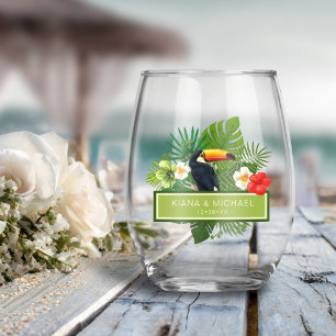 Watercolor Tropical w/Toucan Wedding ID577 Weinglas Ohne Stiel