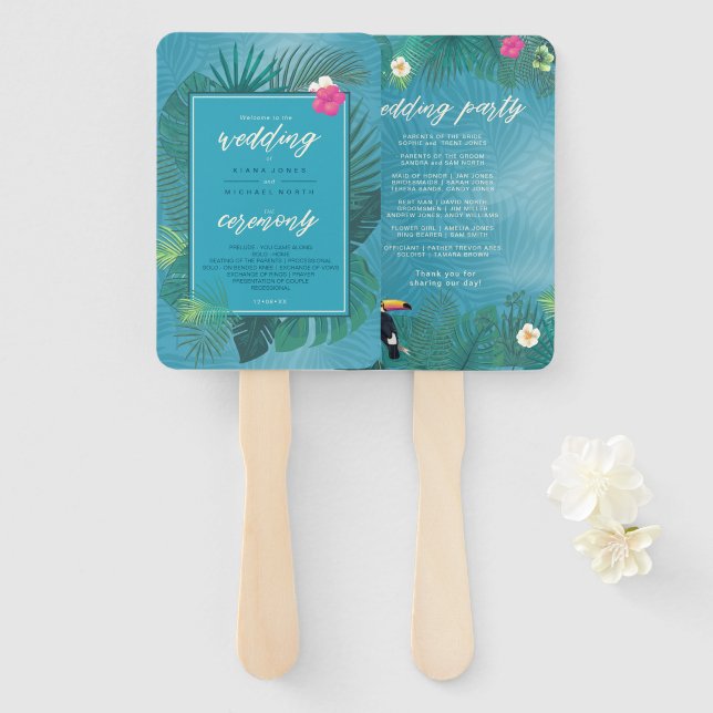 Watercolor Tropical Wedding Party Aquamarin ID577 Fächer (Vorne und Hinten)