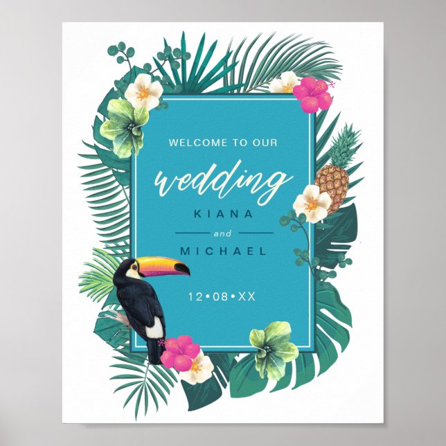 Watercolor Tropical Wedding Willkommen Aquamarin I Poster (Vorne)