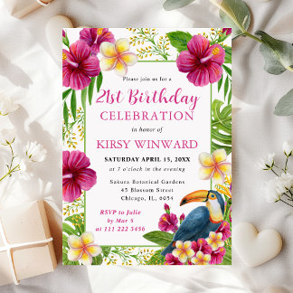 Watercolor tropische Flora Frame Toucan Geburtstag Einladung