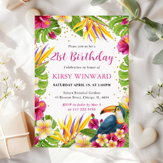 Watercolor tropische Flora Frame Toucan Geburtstag Einladung