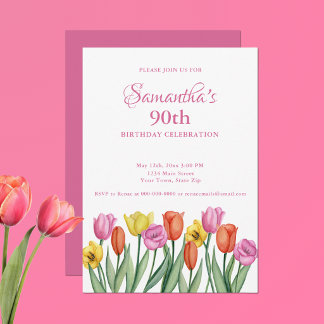 Watercolor Tulips 90. Geburtstagsparty Einladung
