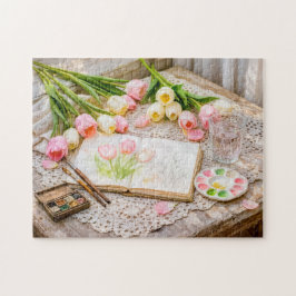 Watercolor Tulips with Brushes and Creative Vintag Puzzle