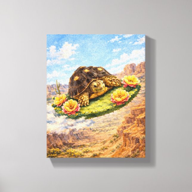 Watercolor Turtle flying on a magic cactus pad Leinwanddruck (Vorderseite)