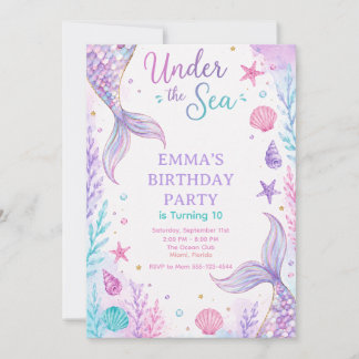 Watercolor Under the Sea Mermaid Birthday Invitati Einladung