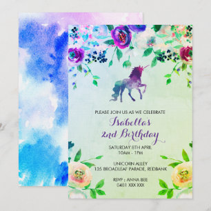 Watercolor unicorn Geburtstagsmädchen Einladung