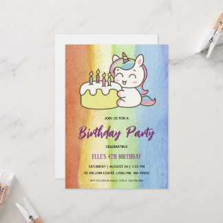watercolor unicorn rainbow birthday invitation einladung