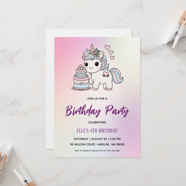 watercolor unicorn rainbow birthday invitation einladung (Vorderseite/Rückseite Beispiel)