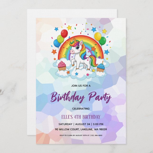 watercolor unicorn rainbow birthday invitation einladung (Vorne/Hinten)