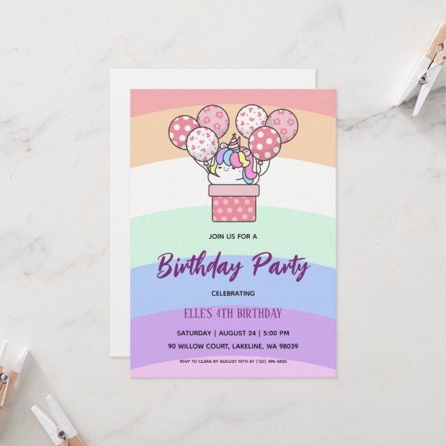 watercolor unicorn rainbow birthday invitation einladung (Vorderseite/Rückseite Beispiel)