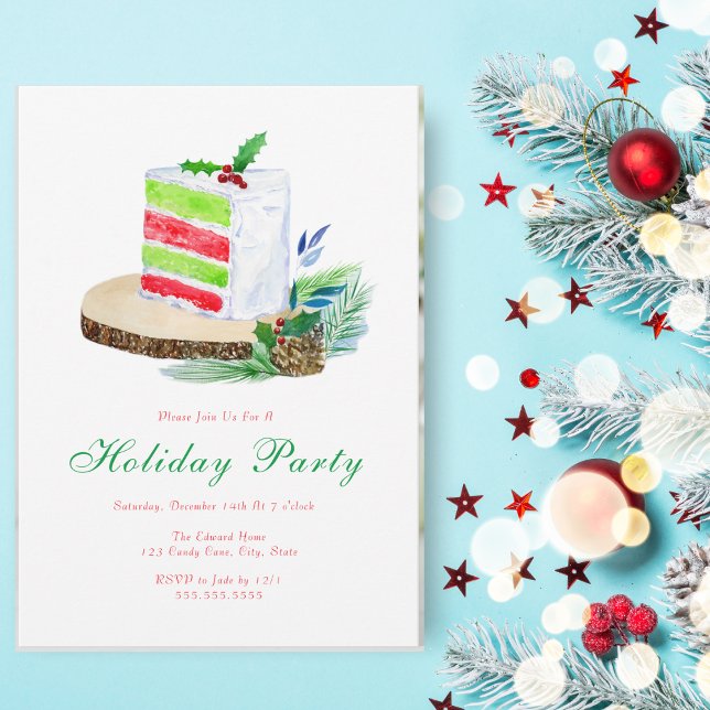 Watercolor Urlaubskuchen mit Holzofen Einladung (This lovely Christmas Holiday layered cake makes a wonderful center piece for a party invitation.)