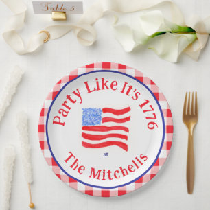 Watercolor USA-Flaggen-Party 1776 Wh Blau Rot Karo Pappteller