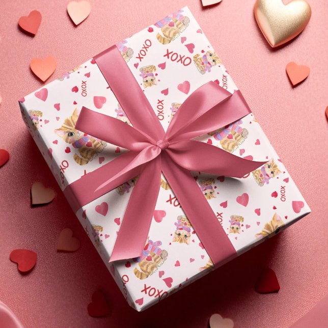 Watercolor Valentine's Day Kitty XOXO Muster Geschenkpapier (Von Creator hochgeladen)
