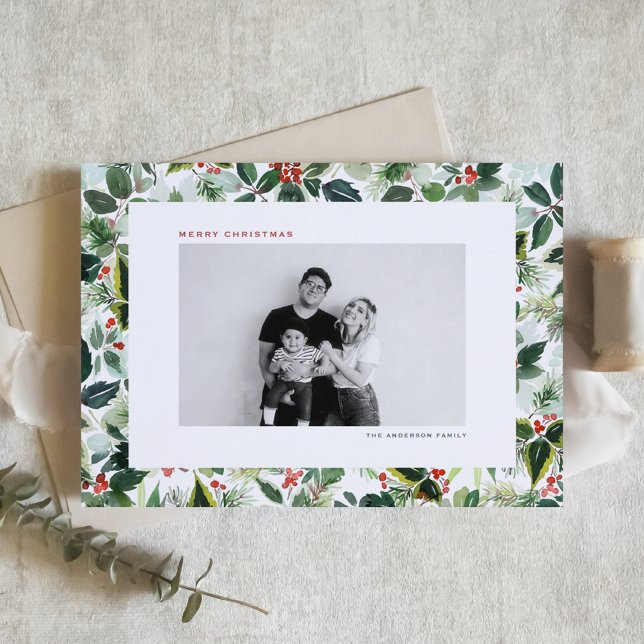 Watercolor Variegated Red Winterberry Weihnachten (Customizable botanical photo Christmas card featuring watercolor holly and greenery pattern. )