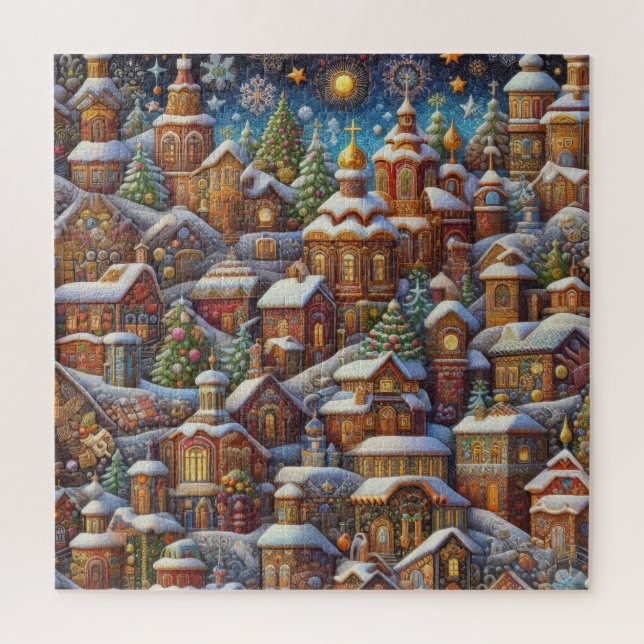 Watercolor Village Weihnachtsmotifs Urlaub Puzzle (Vertikal)