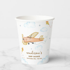 Watercolor Vintage Aviator Airplane Baby Shower Pappbecher