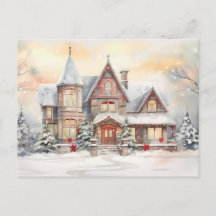 Watercolor Vintage Christmas House