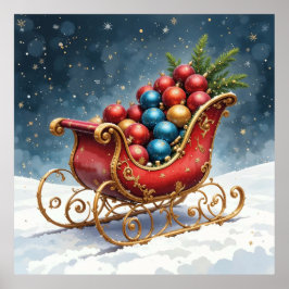 Watercolor Vintage Christmas Sleigh Poster