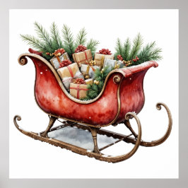 Watercolor Vintage Christmas Sleigh Poster