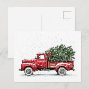 Watercolor-Vintage-Roter-LKW-Weihnachten Postkarte